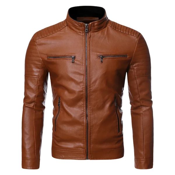 Herrenjacke, einfarbig, Lederjacken für Herren, Stehkragen, Motor, schmal, mit mehreren Taschen, Jacken für Herren, Vintage, klassische Lederjacke 231225