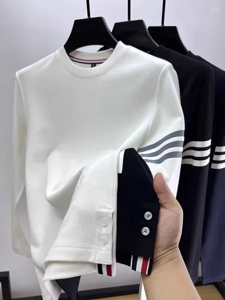 Erkek Tişörtleri Yüksek Son Marka Trendi Üç Stripe Sweater Man 2023 Bahar Sonbahar Çift Taraflı Alman Velvet T-Shirt Moda Kenti Bölünme