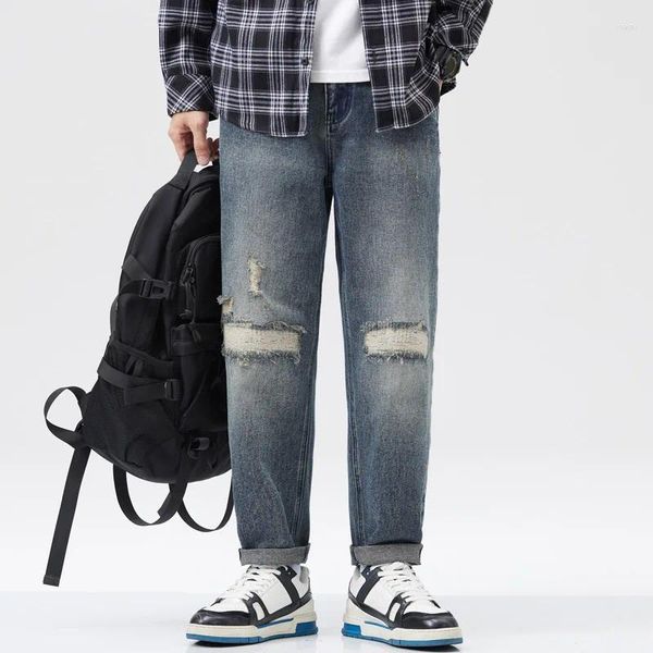 Jeans da uomo 2023 Autunno e Inverno American Street Washed Retro Strappato Allentato Dritto Pantaloni a gamba larga nostalgici a vita media