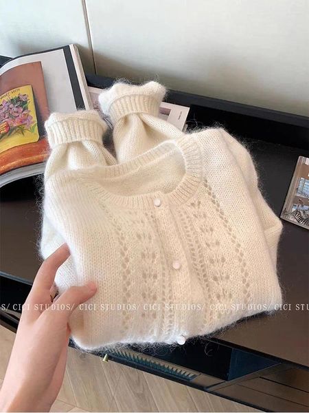 Suéteres femininos 2023 outono mulheres de malha jumper escritório senhora moda coreana manga longa branco cardigan roupas casuais o-pescoço suéter mori