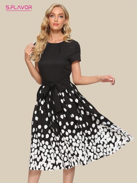 Vestidos de festa s.flavor elegante verão o-pescoço manga curta midi para mulheres impressão clássica magro vestidos de