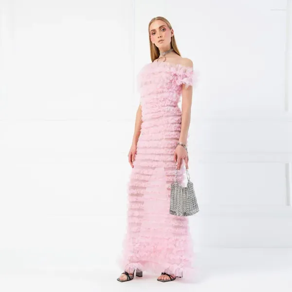 Вечерние платья, розовое плиссированное тюлевое женское платье русалки с открытыми плечами, элегантное длинное платье для выпускного вечера на заказ