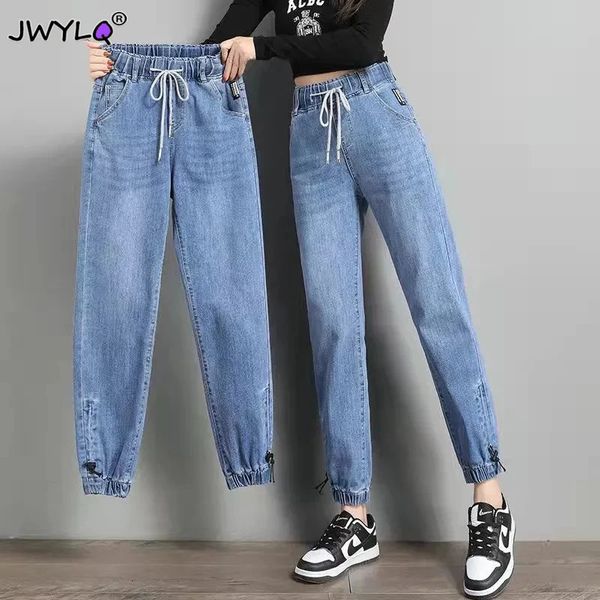 S-3XL Drawstring ayak bileği uzunluğu gevşek jogger kot pantolon kadınlar düz renkli sokak kıyafeti çizik denim pantolonlar tüm eşleştirme elastik denim pantolon 231226