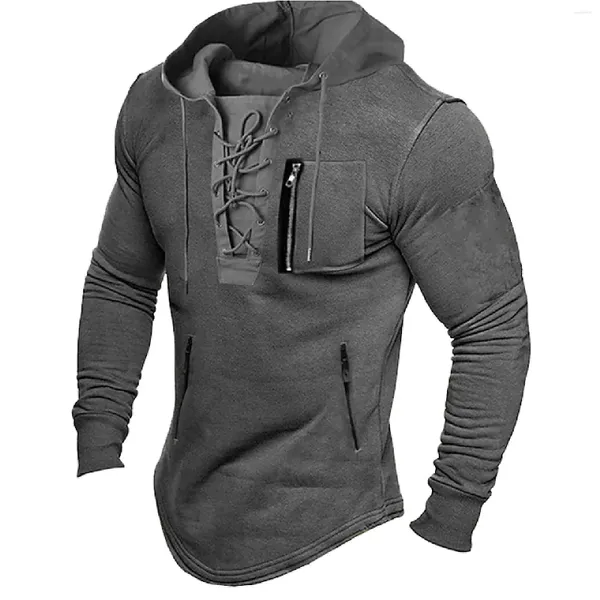 Homens camisetas Homens Primavera Lace Up Moletom Com Capuz Moda Casual Cor Sólida Manga Longa Vintage Esportes Streetwear Outono Zipper Bolso