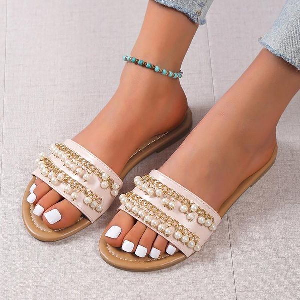 Chinelos femininos verão metal corrente pérola decoração antiderrapante boho casual dedo do pé aberto sandálias planas fundo macio sapatos respiráveis