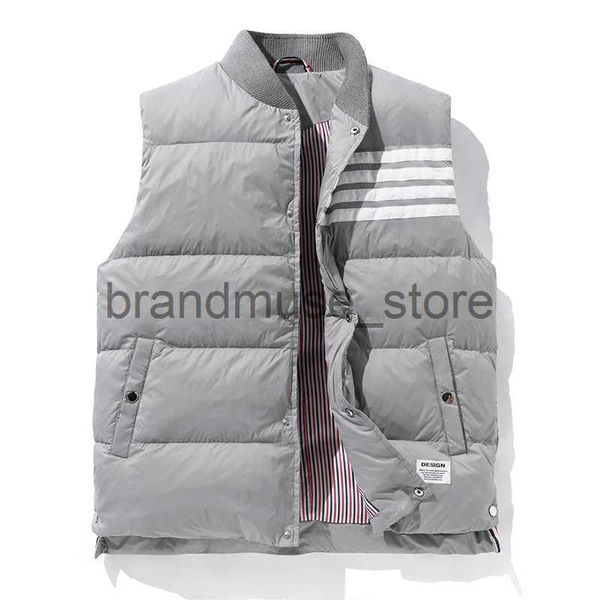 Piumino da uomo Parka da uomo Piumino invernale Giacca a righe calda addensata senza maniche Colletto alla coreana Piumino d'anatra grigio Design coreano J231226