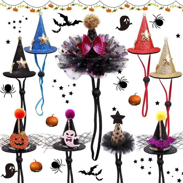 Vestuário para cães 1 peça, decoração de halloween, bonés de gato, chapéus ajustáveis, chapéu de bruxa/bonés, padrões de abóbora, suprimentos para animais de estimação, acessórios para cabelo de cachorro
