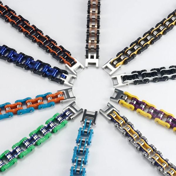 Girocolli Bracciale a maglie a catena per bici a colori multipli per uomo Gioielli hip-hop con catena per bicicletta in acciaio inossidabile fatto a mano