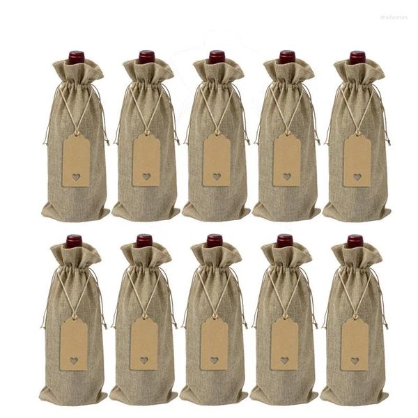 Sacos de compras 10 unidades / lote Capas para garrafas de vinho Saco de cordão com etiqueta de coração conjunto de bolsas de linho de serapilheira para armazenamento de decoração de casamento de Natal