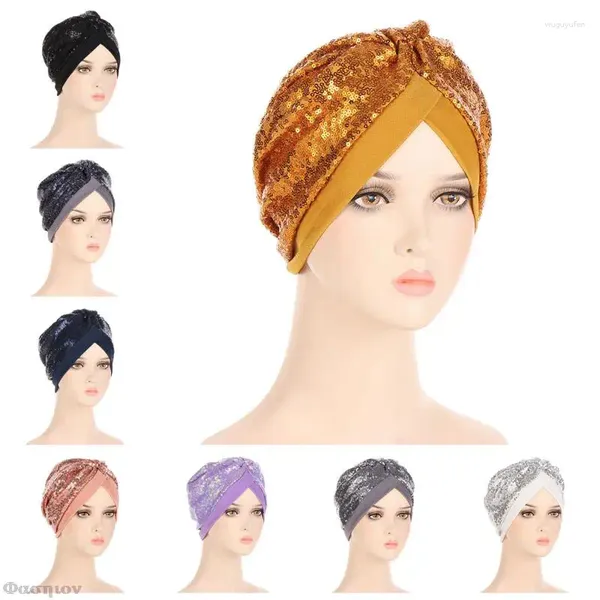 Ethnische Kleidung, glitzernde Pailletten, Polyester, Damen-Turban-Kappen, muslimische Mode, Kopfwickel, Hut, islamische Kopfbedeckung, Kappe, Damenhaar