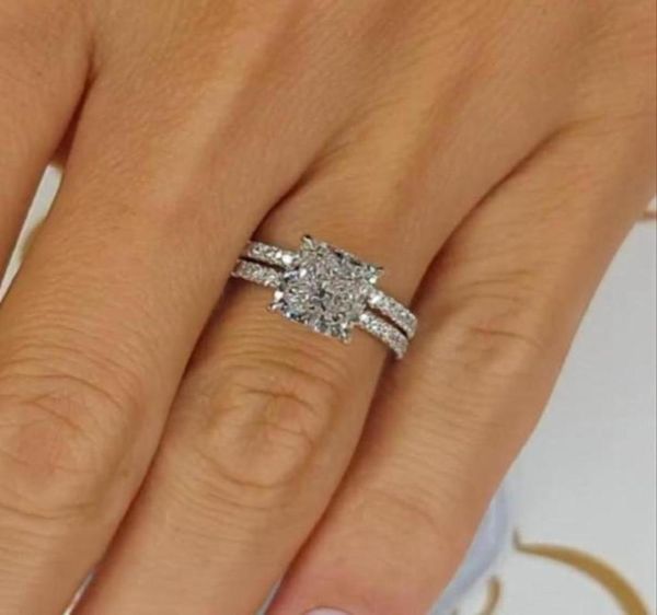 Anéis clássicos com corte almofadado 25 quilates sob Halo Conjunto de noiva em ouro branco em prata esterlina 24573845810302