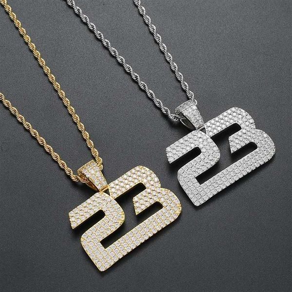 Hip Hop Micro pavimentato Cubic Zirconia Bling Iced Out Numero 23 Collana con pendenti per uomo Rapper Gioielli Oro Argento Color277Z