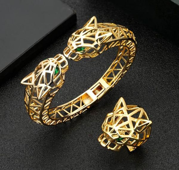 Orecchini Collana Zlxgirl Gioielli Grande testa di leopardo a forma di donna e uomo Bracciale con anello Set alto Dubai Bracciale in oro Anel Bijoux7892853