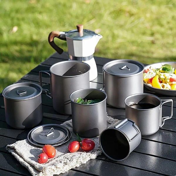 Tassen Ultraleichter Titanbecher 380/420/550 ml Wasserbecher Outdoor Camping Picknick Geschirr mit faltbarem Griff Anti-Verbrühung