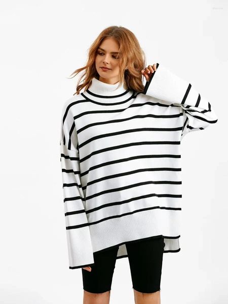 Suéteres femininos listrado pulôver camisola mulheres outono inverno primavera simples pullovers de malha jumper casual grosso quente preto branco básico