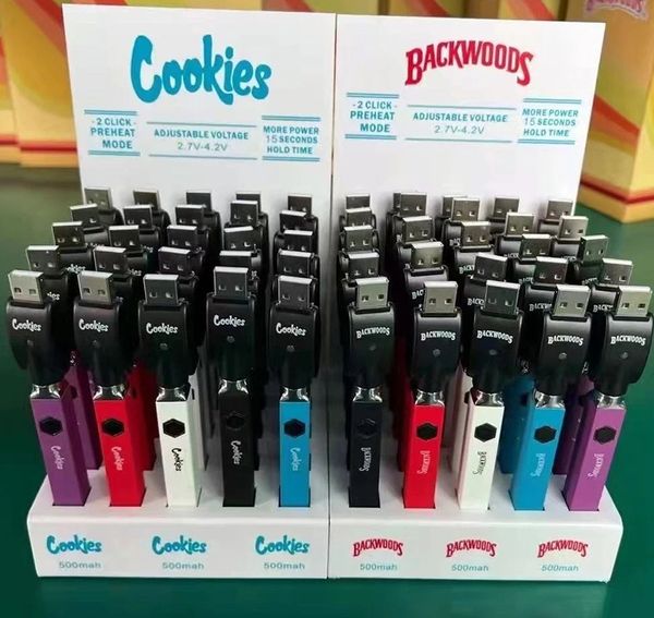 Backwoods/cookies quadrado e-cigarro bateria 500mah tensão variável 2.7v-4.2v 510 baterias de rosca 24ct display vape caneta