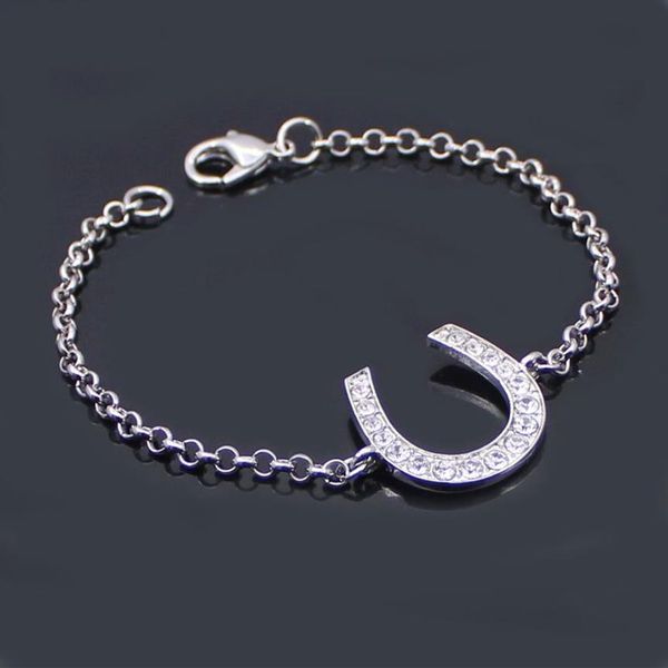 Blei- und Nickel-Gliederkettenarmband, Hufeisenarmbänder, Reitsport-Hufeisenschmuck, verziert mit Bling White Czech Crysta257v