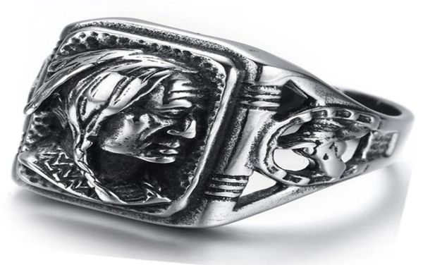 Men039039s jóias gótico tribal americano indiano anel de aço inoxidável clássicos punk biker banda prata preto por companheiro ri4106197