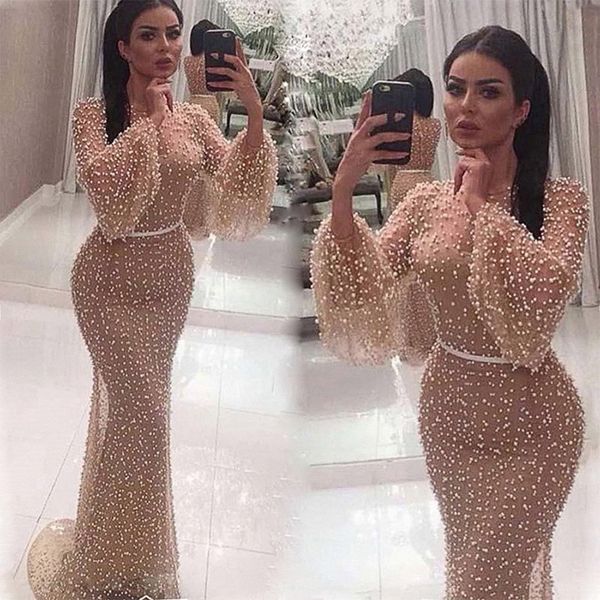 Vestidos de noite encantadores para mulher puff manga longa champanhe pérolas o pescoço até o chão vestidos de sereia vestido de festa de baile