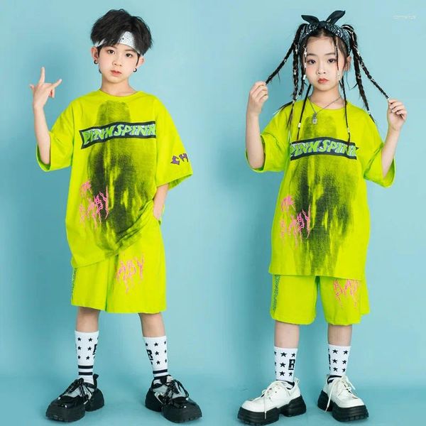 Palco desgaste verde kpop outfits meninas meninos hip hop dança rave roupas jazz desempenho trajes para crianças soltas fluorescentes