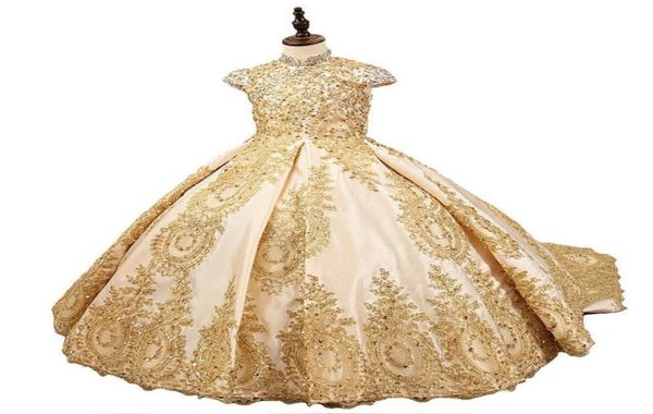 Girl039s Elbiseler Lüks Çiçek Kız Elbise Boncuk Kristal İle Düğün Altın Glitz Balo Gowns Tren Küçük Kızlar Özel Made5123748