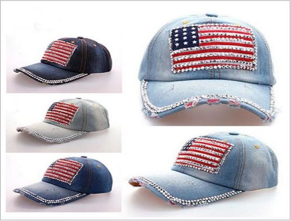 Chapéus de desenhista lavados denim bling strass EUA bandeira nacional bonés de beisebol curvo algodão esportes golfe azul jean chapéus de sol para homens 5947459