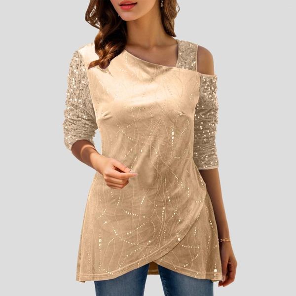 Blusas femininas blusa de lantejoulas malha ombro frio splice mangas compridas glitter túnica topo elegante brilhante das mulheres topos e blusa mujer