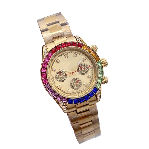 Luxo mens designer relógio ouro strass moldura diamante dial movimento relógios cronógrafo homem relógios de pulso para homens aniversário natal presente do dia dos pais montre