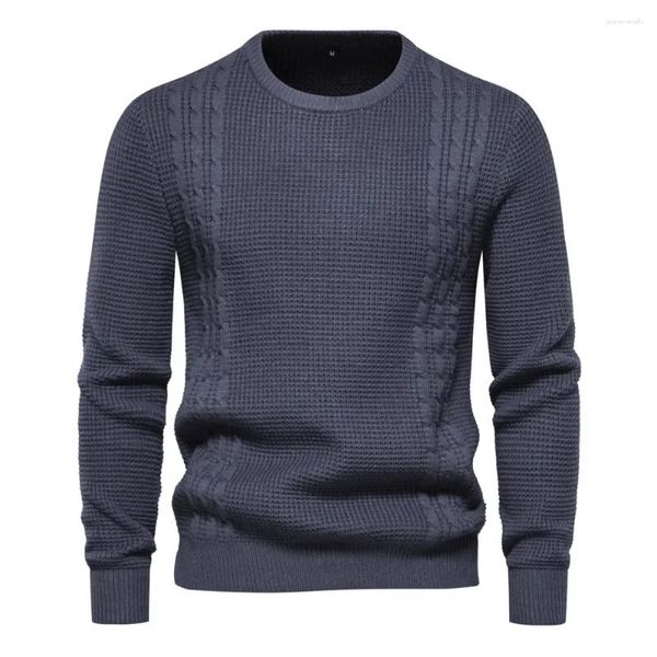 Suéter masculino de malha sólida, casual, quente, ligeiramente elástico, gola redonda, pulôver para homens, outono e inverno