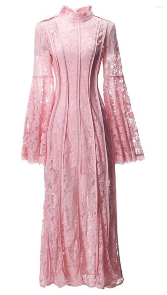 Lässige Kleider Spitze Langes Kleid 2024 Frühling Sommer Besondere Anlässe Frauen Allover Häkeln Stickerei Flare Sleeve Weiß Rosa