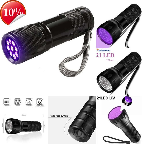 Nouvelles lanternes portables lampe de poche UV 9/21 LED torche ultraviolette 395nm lumière noire Mini lampe de poche détecteur de lumière UV pour scorpion de tache d'urine d'animal de compagnie
