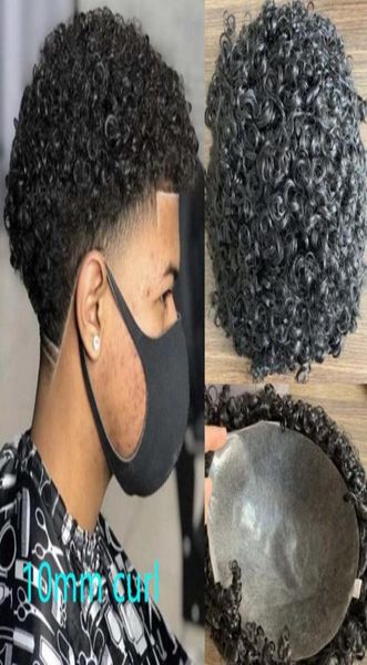 Мужской блок, полный парик из искусственной кожи, афро локоны, 10 мм, мужской парик, индийский Реми, замена человеческих волос для мужчин3096618