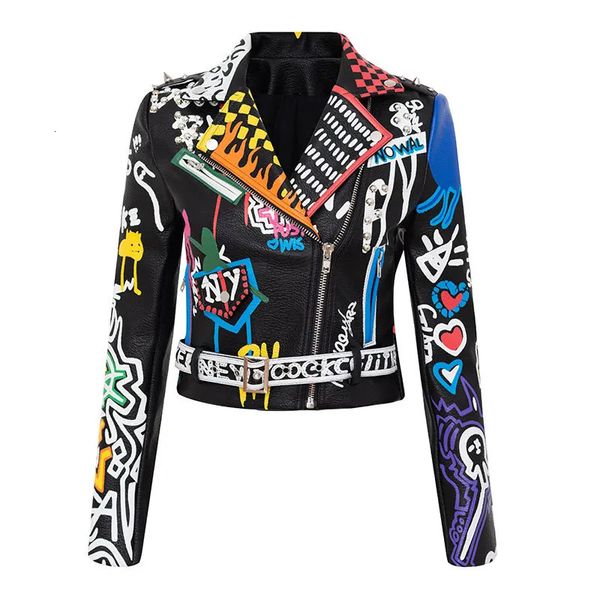 Primavera e outono punk cintura alta jaqueta de couro falso feminino graffiti cravejado rebite moda streetwear curto casaco da motocicleta 231226