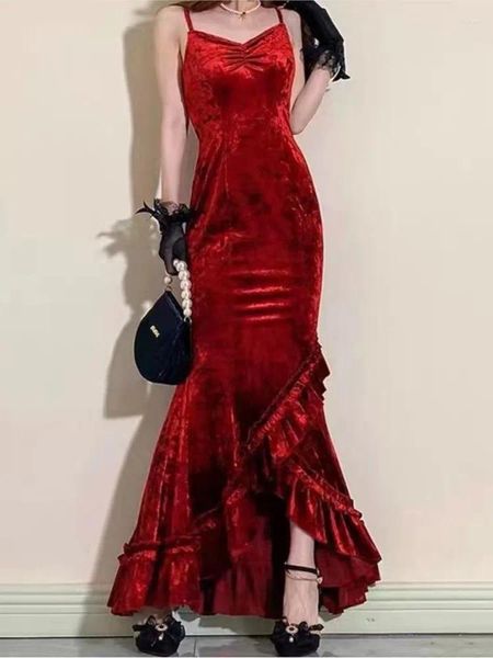 Повседневные платья, сексуальное высококачественное бархатное платье с принтом во французском стиле, элегантное длинное красное банкетное вечернее платье с разрезом по бедрам