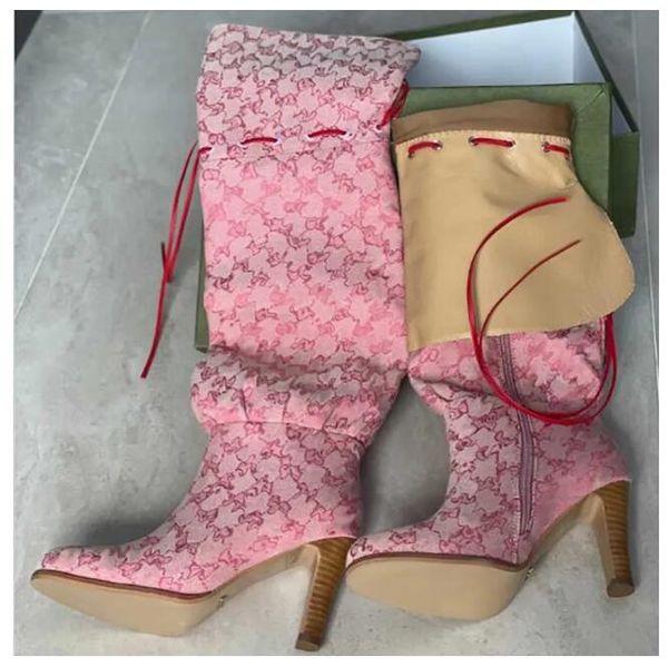 Diz Botları Tasarımcı Boot Moda Savaş Boot Canvas Fermuar Ayarlanabilir Kayışlar Sıradan Ayakkabılar Stiletto Topuk Ayak Bileği Boot