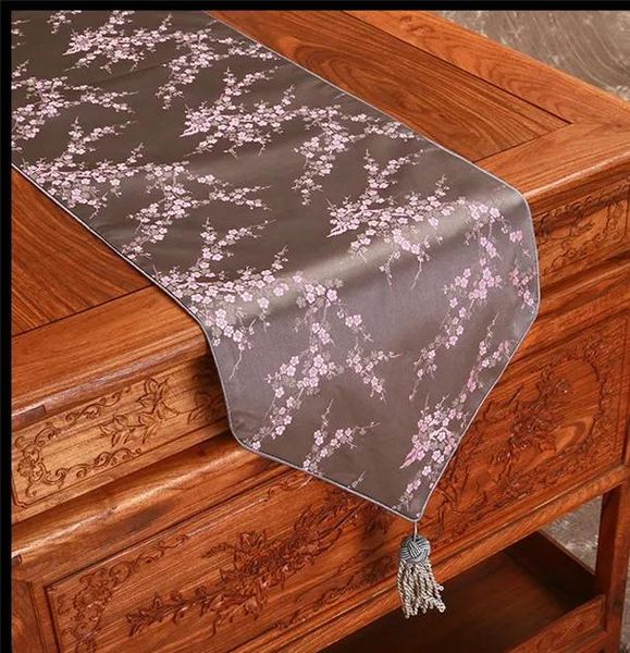 Läufer Moderner eleganter chinesischer Seidensatin Tisch Läufer Kirschblüten Dekorative Damast Tischtuch Runner Rechteckige Tischmatte 200x33