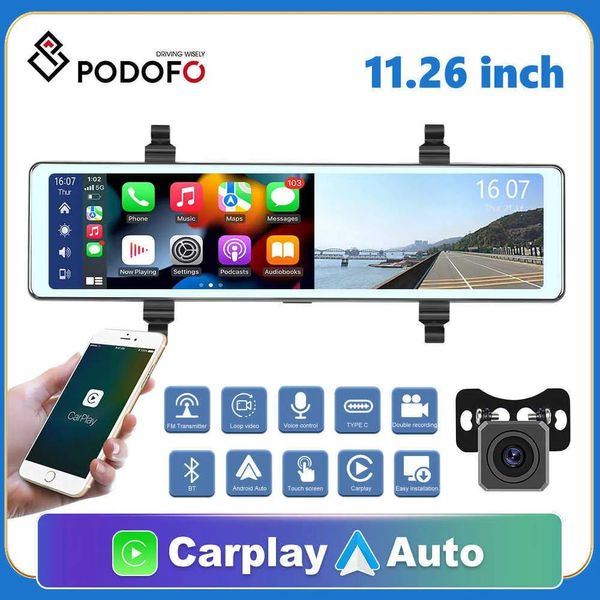 DVRs Auto dvr Podofo 1126 zoll CarPlay Spiegel Video Aufnahme Android Auto Drahtlose Verbindung WiFi GPS Navigation Dashboard DVRsHKD2307