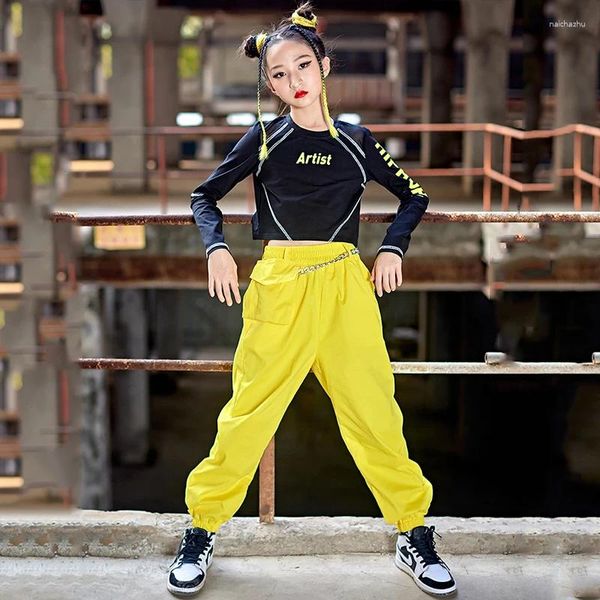Sahne Giyim Kızlar Hip Hop Dans Kıyafetleri Yaz Caz Mahsulü Üstleri Sarı Hiphop Pantolon Çocuk Sokak Kostüm Balo Salonu Uygulaması Bl8106