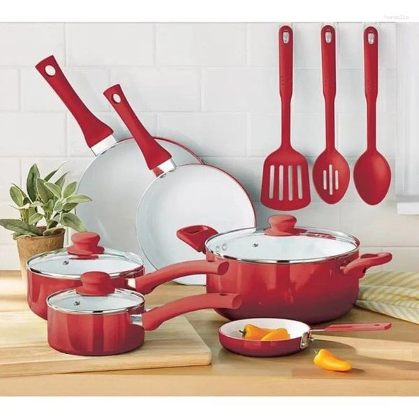 Set di pentole set ceramica antiaderente da 12 pezzi set solo lavaggio a mano ombre rosso