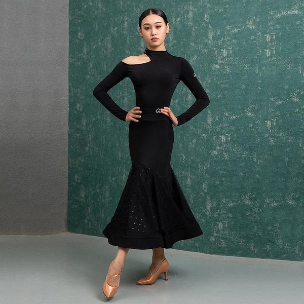 Stage Wear Ballroom Dance Saia Mulheres Desempenho Traje Moderno Dancewear Manga Longa Tango Dacing Tops Black Waltz Outfit DL8897