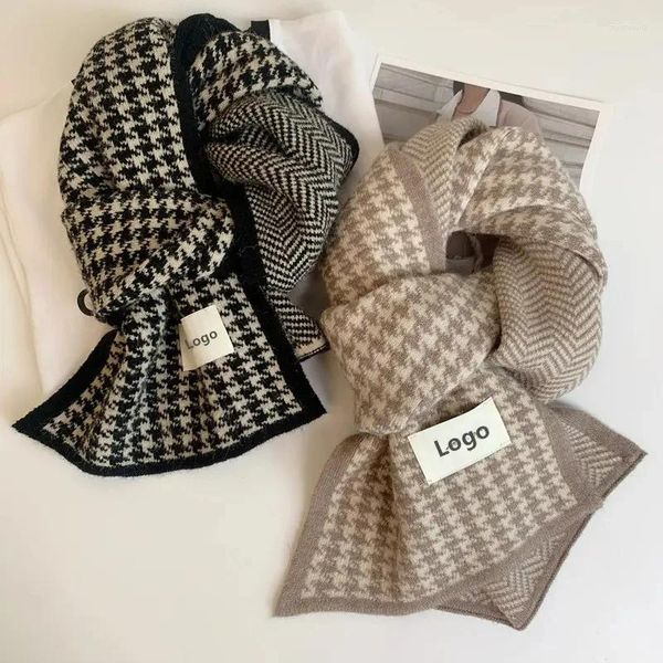 Berets elegante padrão inverno personalizado remendo logotipo lenço de malha houndstooth designer para mulheres