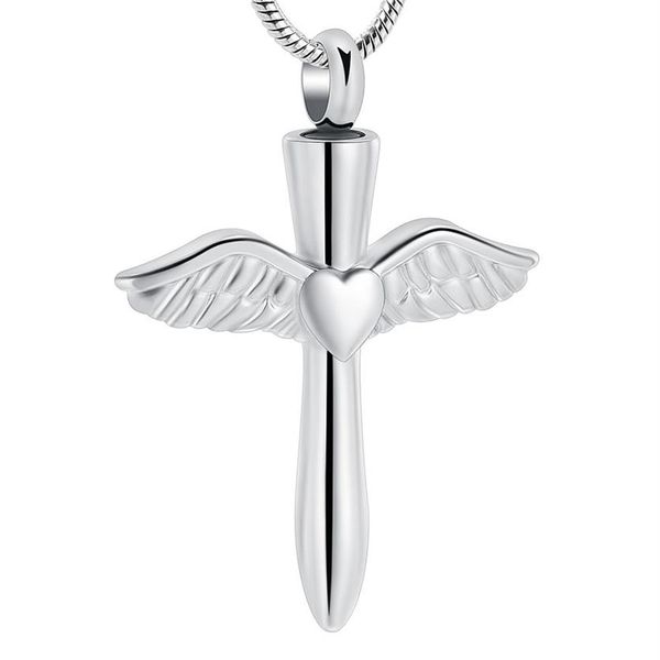 IJD12240 Edelstahl Engelsflügel Herz Kreuz Feuerbestattung Schmuck Anhänger für Haustier Mensch Memorial Asche Andenken Necklace281U