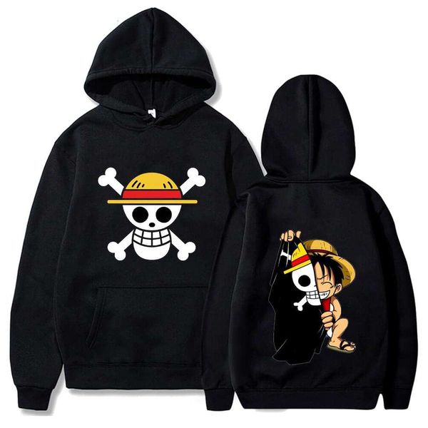 Anime japonês moletom com capuz Luffy novos piratas gráfico top manga comprida preto moletom chapéu de palha estampado roupas femininas casaco masculino