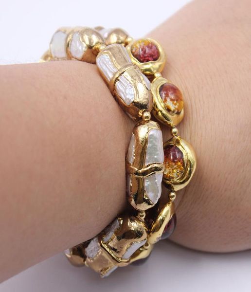 GuaiGuai Jewelry 2 Reihen kultiviertes Süßwasser-Biwa-Perlen-Muranoglas-Armband, vergoldet, CZ-Pavé-Verschluss, handgefertigt für Damen 6383377