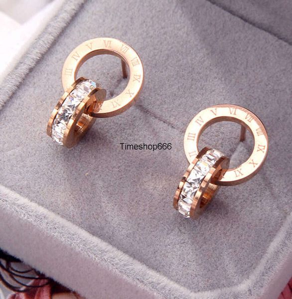 Brincos de diamante de cristal rosa ouro moda titânio aço dupla ferida algarismos romanos studs para mulheres presente jóias oorbellen brincos designer para CV-6