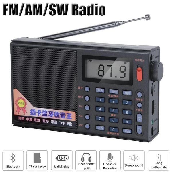 Alto-falantes portátil banda completa rádio digital fm/am/sw receptor bluetooth estéreo alto-falante tf/usb mp3 player com microfone/display led/lanterna