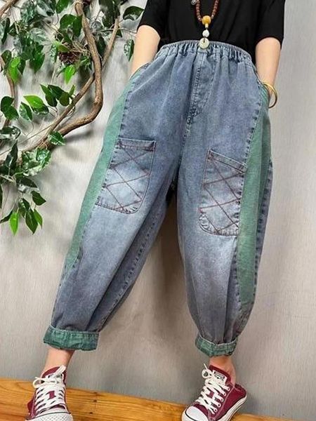 Jeans neue Frühlings- und Herbstfrau Personalisierte Farbkontrast Jeans Saggy Anklelength Hosen Loose Elastic Taille Harem Hosen