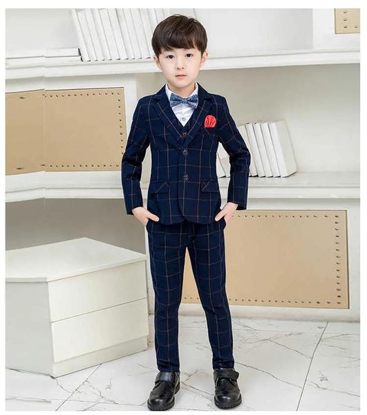 Blazer Navy Blau Tweed Plaid Jungen Anzüge 3 Stück Set Kinder Prom Hochzeit Anzug Blazer Übergroßen Kinder Formale Smoking Jacke hosen Weste X090