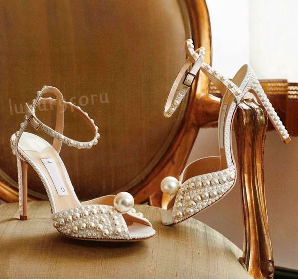 Eleganti scarpe da sposa da sposa Scarpe Sacora Sandali da donna Perle bianche Pelle Marchi di lusso Tacchi alti Donna Tacchi da passeggio Taglia 35-41