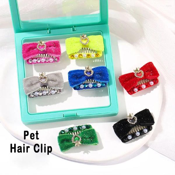 Cão vestuário diy pet grooming acrílico pedras preciosas veludo arcos acessórios cães pente hairpin bb grampos de cabelo dentes artesanais maltês yorkshire